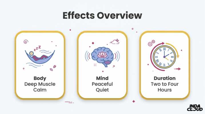 Aurora Indica Effects Overview Chart Showing Deep Muscle Calm For Body, Peaceful Quiet Mind Effects, And Two To Four Hour Duration