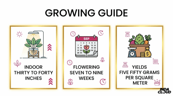 Aurora Indica Growing Guide Showing Indoor Height Of Thirty To Forty Inches, Flowering Time Of Seven To Nine Weeks, And Yields Of Five Hundred Fifty Grams Per Square Meter