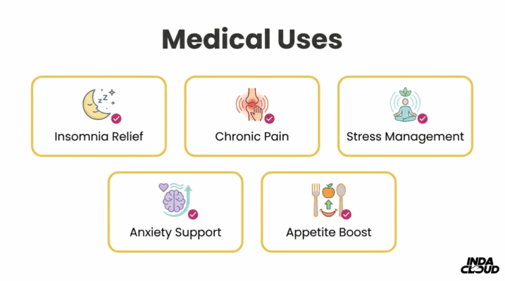 Aurora Indica Medical Uses Infographic Showing Insomnia Relief, Chronic Pain Support, Stress Management, Anxiety Support, And Appetite Boost