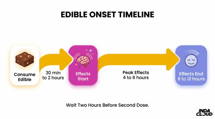 Cannabis Edible Onset Timeline Showing Effects Starting In 30 Minutes To 2 Hours, Peaking In 4 To 6 Hours, And Ending In 8 To 12 Hours