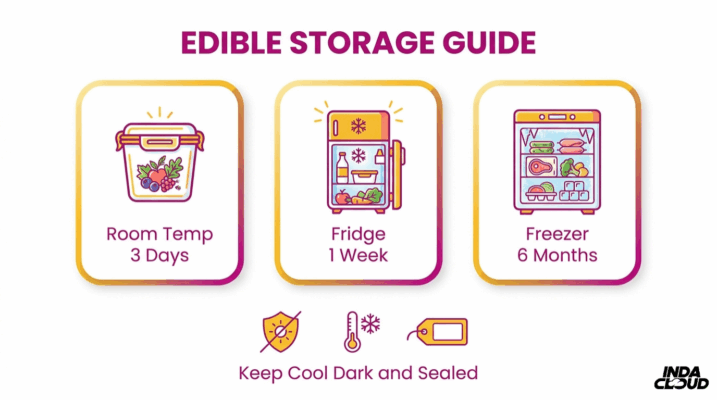 Edible Storage Guide Showing Room Temperature Storage For 3 Days, Fridge Storage For 1 Week, And Freezer Storage For 6 Months While Keeping Products Cool Dark And Sealed