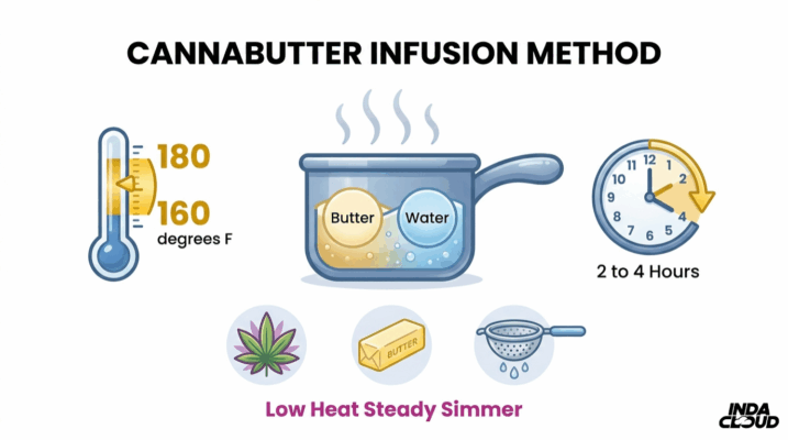 Cannabutter Infusion Method Chart Showing Butter And Water Simmered At 160 To 180 Degrees Fahrenheit For 2 To 4 Hours Using Low Heat