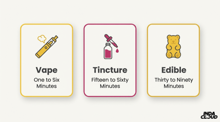 Delta 8 Delivery Method Comparison Chart Showing Vape Onset In One To Six Minutes, Tincture In Fifteen To Sixty Minutes, And Edibles In Thirty To Ninety Minutes