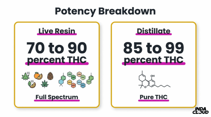 Live Resin Vs Distillate Cart: Which Is Best? 7 Thc Potency Comparison Chart Showing Live Resin At 70 To 90 Percent Thc With Full Spectrum Effects And Distillate At 85 To 99 Percent Thc With Pure Thc