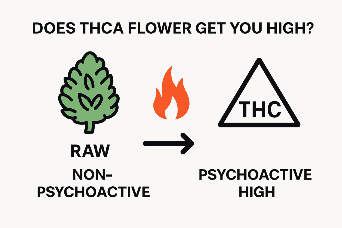 Infographic Showing How Thca Flower Converts Into Thc When Heated. Raw Bud Is Non-Psychoactive, But When Smoked Or Vaped It Becomes Thc And Produces A Psychoactive High.