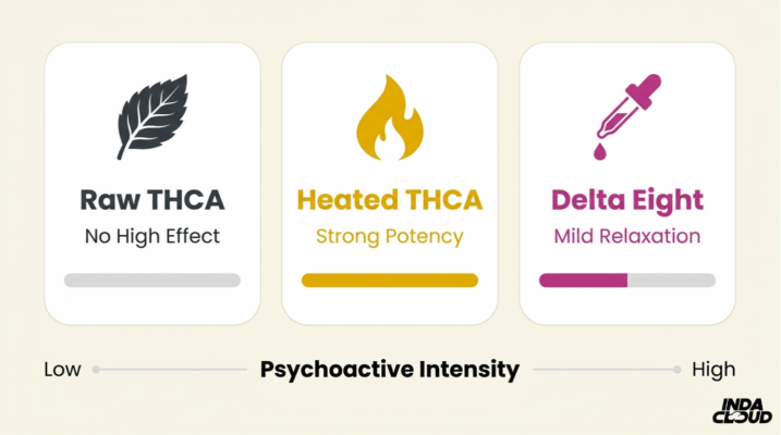Psychoactive Intensity Comparison Between Raw Thca Heated Thca And Delta 8 Showing No High Effect Strong Potency And Mild Relaxation Levels